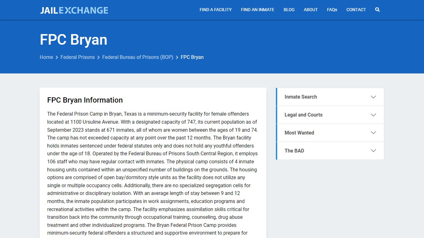 Federal Inmate Search - FPC Bryan - Jail Exchange