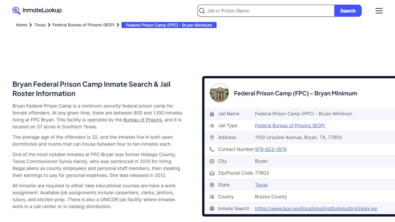Federal Prison Camp (FPC) - Bryan Minimum Inmate Search - Inmate Lookup